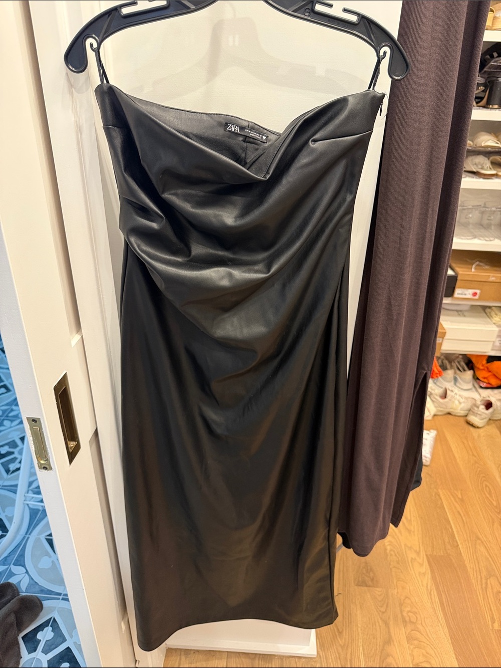 Zara Black Strapless Faux-Leather Midi Dress